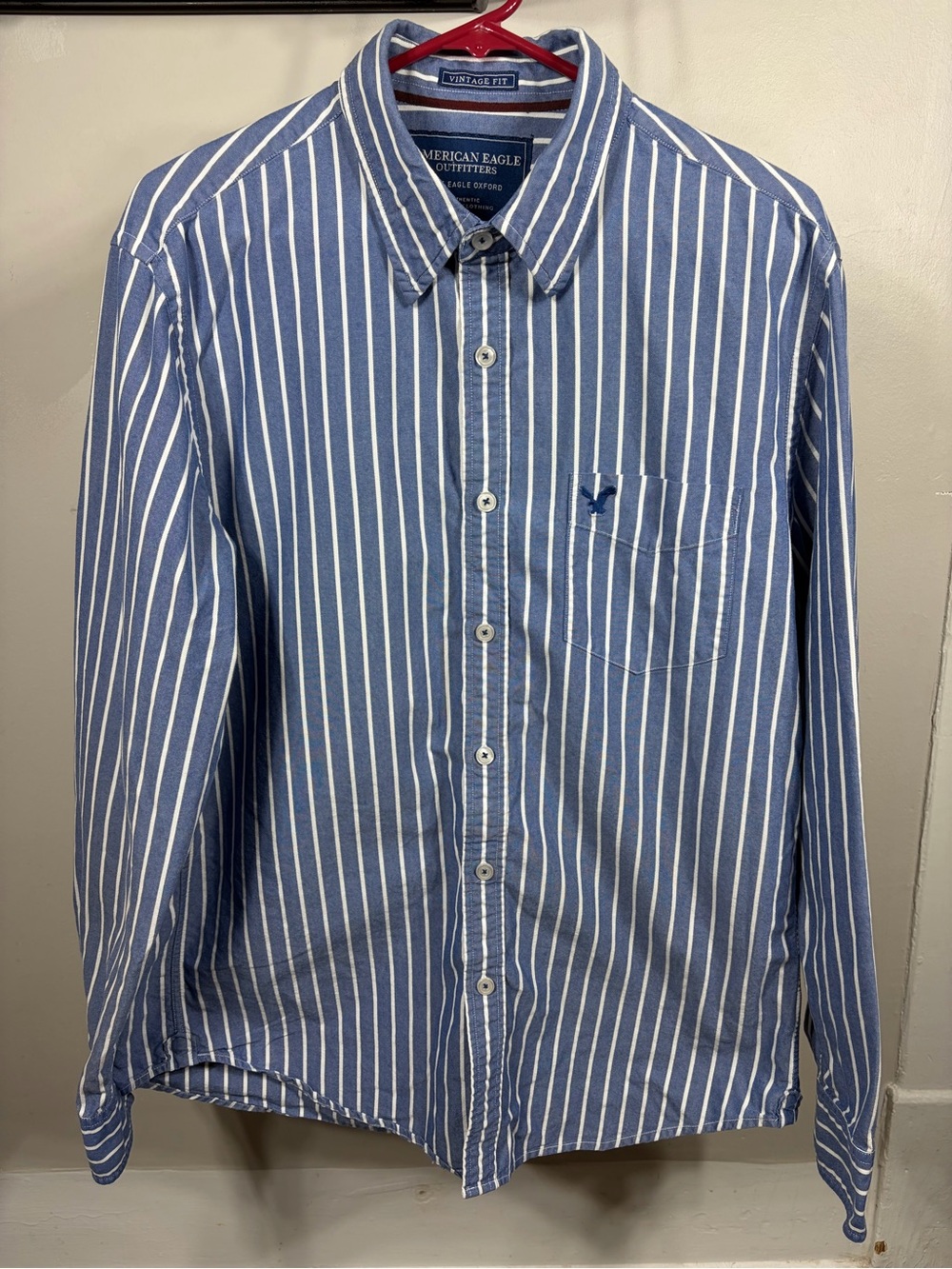 American Eagle Blue White Vertical Stripe Oxford Button-Down Shirt Vintage Fit